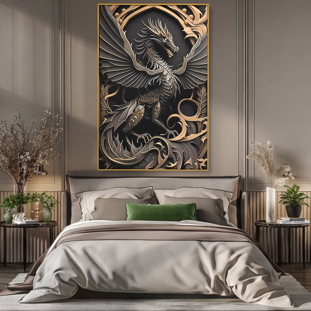 Tablou canvas cu ilustratie digitala cu dragon mitic, in rama de aluminiu auriu, pe perete intr-un dormitor